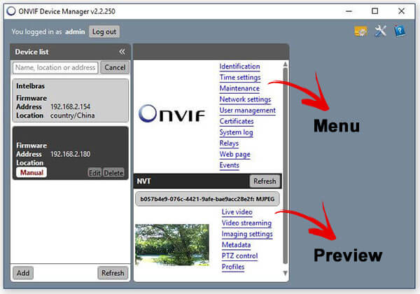 Onvif Device Manager password menu