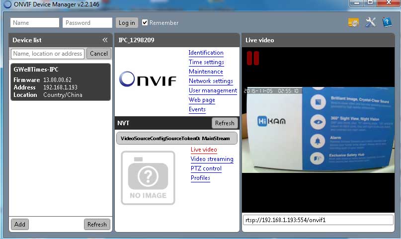 Access to the camera via ONVIF