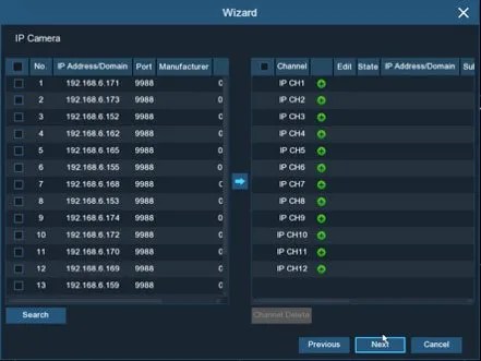 DVR add IP cameras in Wizard