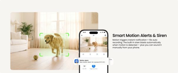 Cinnado Security Camera FAQ 22 The indoor camera detetcs movement to record and send an instant notification 605w248h